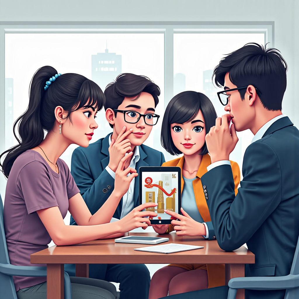 A scene of a diverse group of Thai investors looking thoughtfully at a tablet displaying economic data with symbolic elements of growth and opportunity in the background