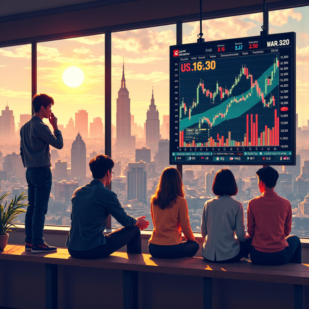 An illustration depicting a diverse group of Thai investors attentively observing a dynamic stock market chart displaying the US30 index with vibrant upward trends, set against a backdrop blending iconic US landmarks with subtle Thai cultural elements, bathed in warm, optimistic lighting, digital art style
