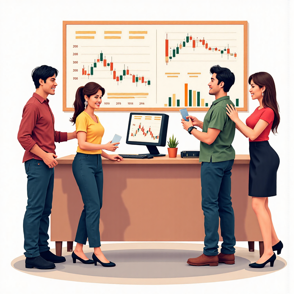 A vibrant illustration depicting a diverse group of Thai investors engaging in online gold trading shows ease of access and flexibility with a clear background of exchange charts