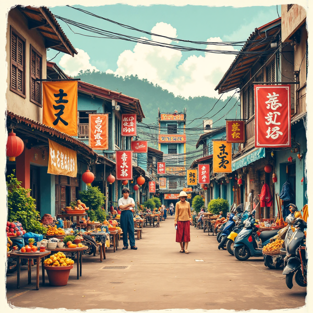 ภาพประกอบฉากตลาดไทยแบบสนุกสนานด้วยสัญลักษณ์สกุลเงินเป็นป้ายร้านค้าและตัวละครพ่อค้าที่เป็นมิตรอธิบายกลยุทธ์การซื้อขายพร้อมองค์ประกอบภาพไหลลื่น