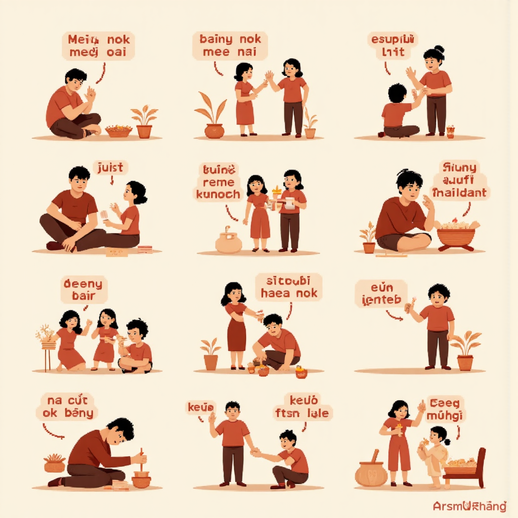 a whimsical illustration showing thai idioms like 'mee nok mee nai' and 'baan nok' visualized with symbolic elements and warm earthy tones