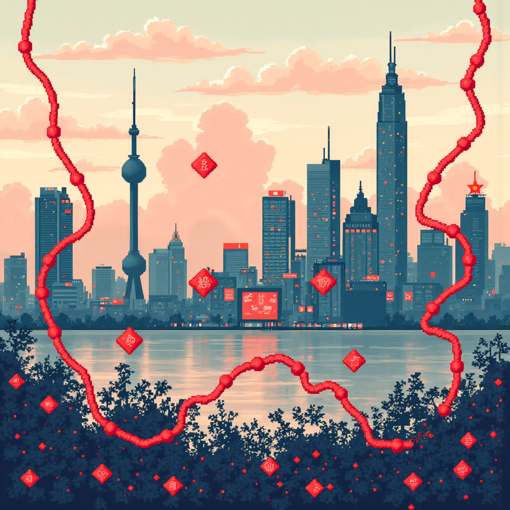 國際資本匯聚中國股市的像素藝術插圖，背景為上海與香港天際線