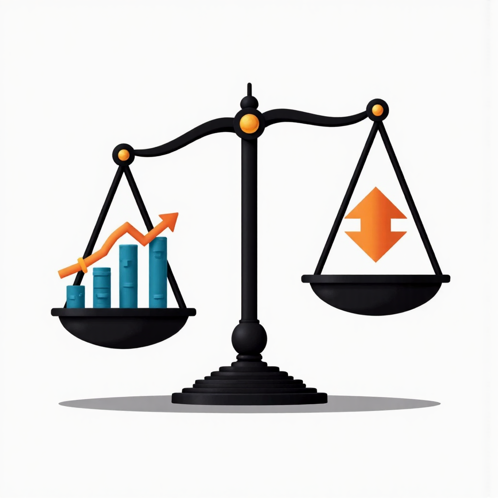 平衡的天平，一側向上生長圖表，另一側向下風險箭頭，象徵差價合約交易中槓桿與保證金的雙重性質，像素藝術風格