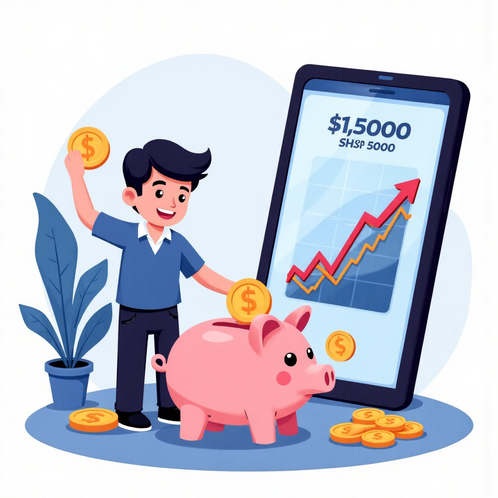 stylized illustration of a Thai investor confidently depositing coins into a digital piggy bank with a growing S&P 500 graph displayed on a futuristic tablet screen suggesting secure and accessible investment opportunities in a clean modern setting