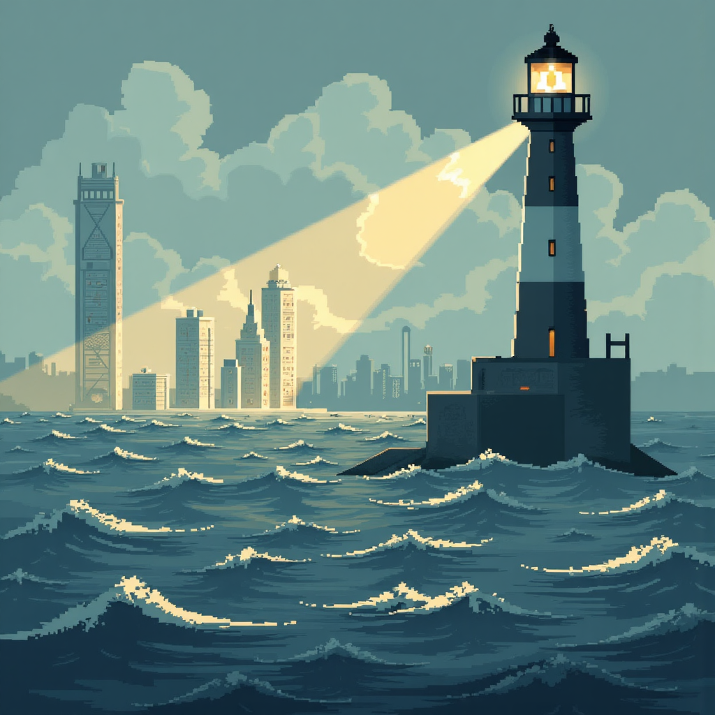 風暴金融海上的燈塔照亮上升趨勢圖表的像素藝術插圖,象徵國債殖利率