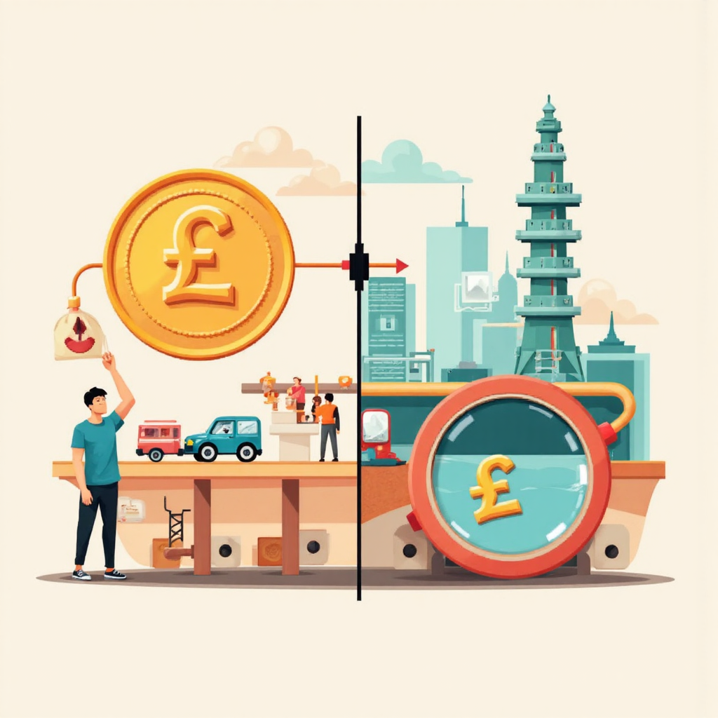 ภาพประกอบสไตล์พิกเซลอาร์ตแบบแบ่งฉาก ด้านหนึ่งมีเหรียญบาทไทย อีกด้านสัญลักษณ์ปอนด์อังกฤษ เชื่อมด้วยลูกศรแสดงการแลกเปลี่ยนเงิน พร้อมองค์ประกอบการเดินทางและค้าขายในพื้นหลังโทนสีอ่อนชัดเจน