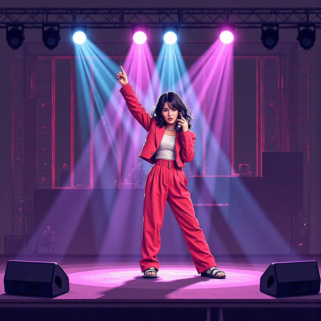 韓國流行歌手在舞台上以誇張舞步表演、周圍環繞彩色燈光的像素藝術風格插圖