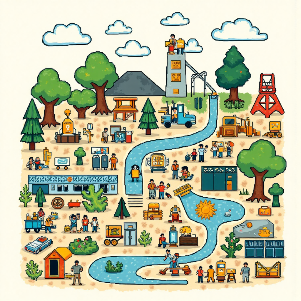 An eco-conscious illustration showcasing the recycling process of non-ferrous metals with emphasis on circular economy symbols and a community setting in Thailand rendered in a bright cheerful style