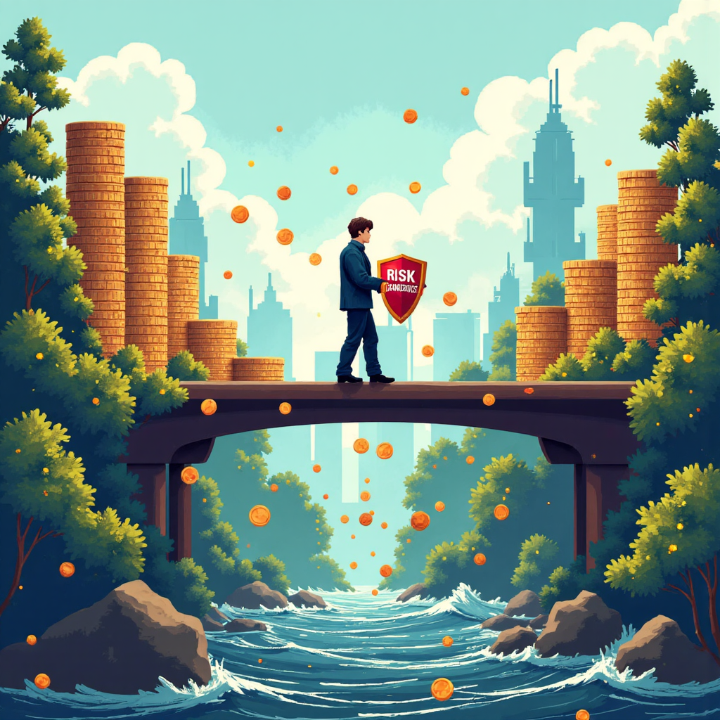 金融橋樑連結動盪市場兩端,一位手持標有 'Risk Management' 盾牌的人物小心穿越,硬幣在控制流動中穩定前行