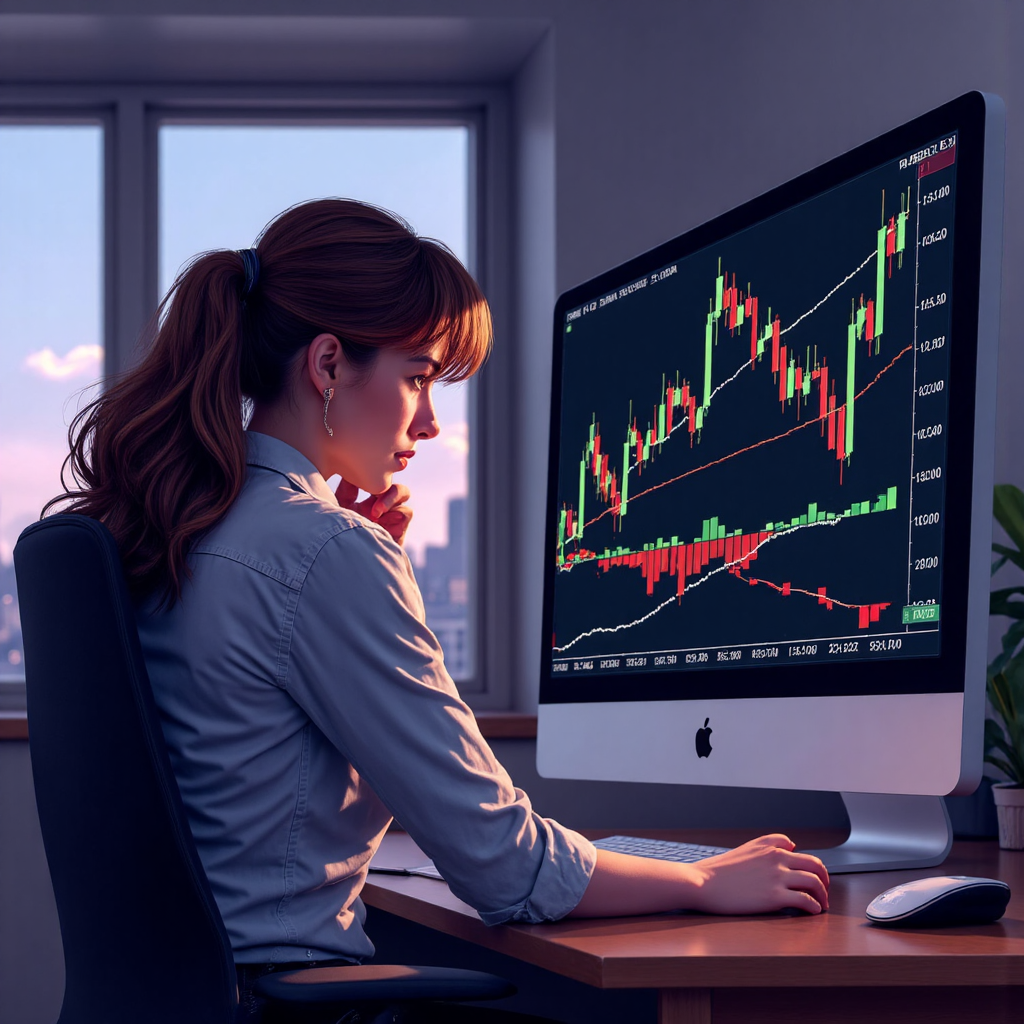 像素藝術風格的交易者檢視圖表,RSI線條與價格趨勢出現背離,一側清晰一側模糊,象徵強勢趨勢中潛在的誤判風險