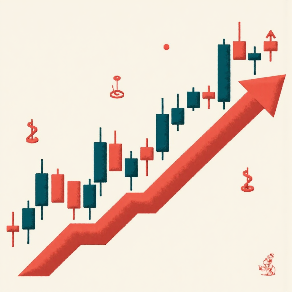 stylized illustration of candlestick charts forming a rising trend with subtle overlays of economic indicators and central bank symbols