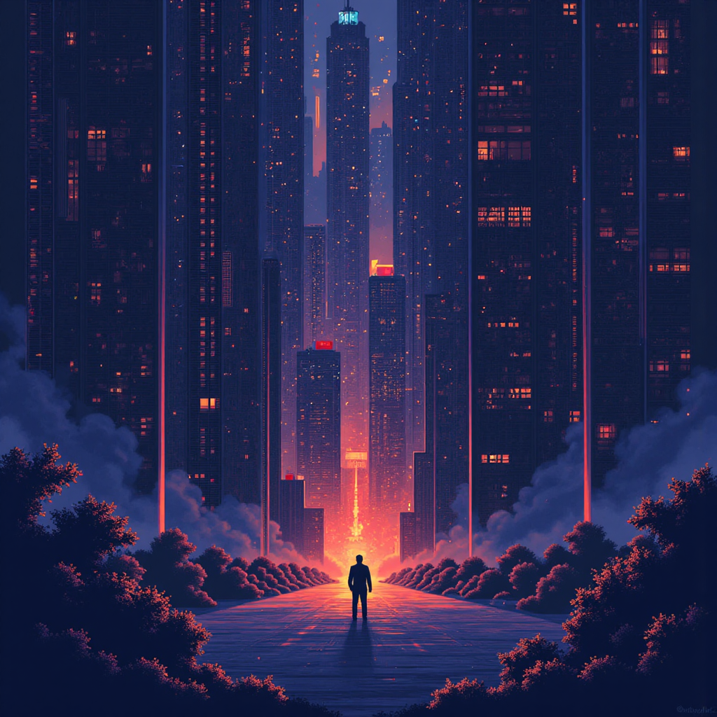 交易之旅風格插圖,從不確定到清晰,一位猶豫的交易者穿越數據迷宮,朝向決策光芒前進,金融圖表照亮風險管理與潛在獲利