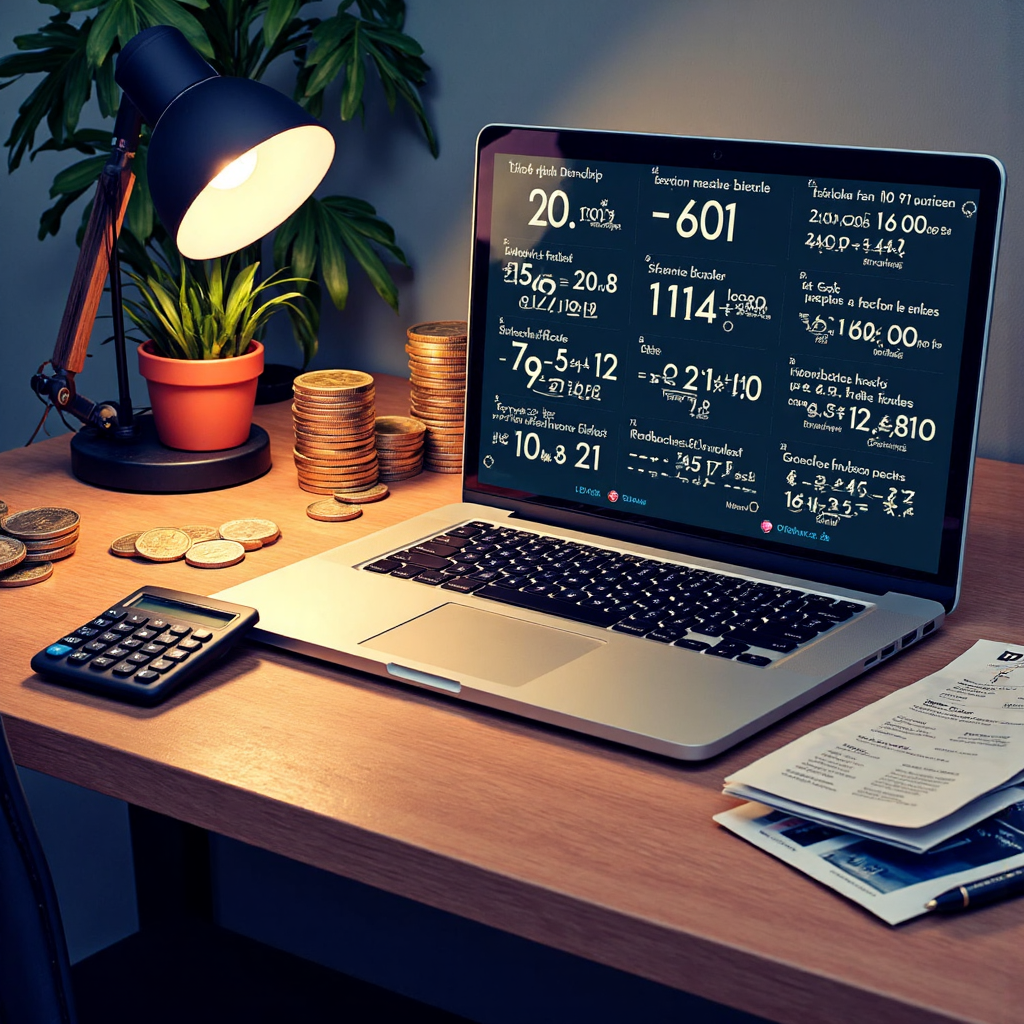 ภาพประกอบสไตล์โต๊ะทำงานของนักวิเคราะห์การเงิน พร้อมแล็ปท็อปแสดงสูตรซับซ้อน เครื่องคิดเลข ล้อมรอบด้วยเหรียญและเอกสารการลงทุน แสงอุ่นนวล
