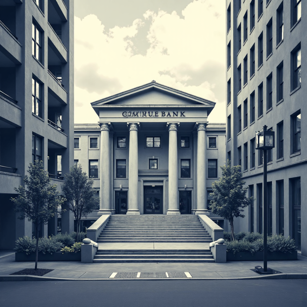 中央銀行建築與市場波動符號的像素藝術描繪