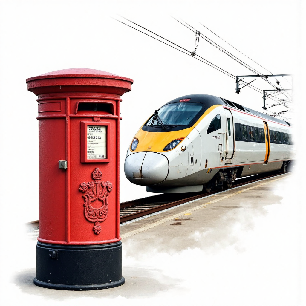 ภาพศิลปะสไตล์ไพเซลอาร์ตของตู้ไปรษณีย์อังกฤษคลาสสิกและรถไฟยูโรสตาร์สมัยใหม่ ผสานเป็นสัญลักษณ์แห่งการเติบโตและความมั่นคงทางการเงินด้วยพื้นผิวสีน้ำ