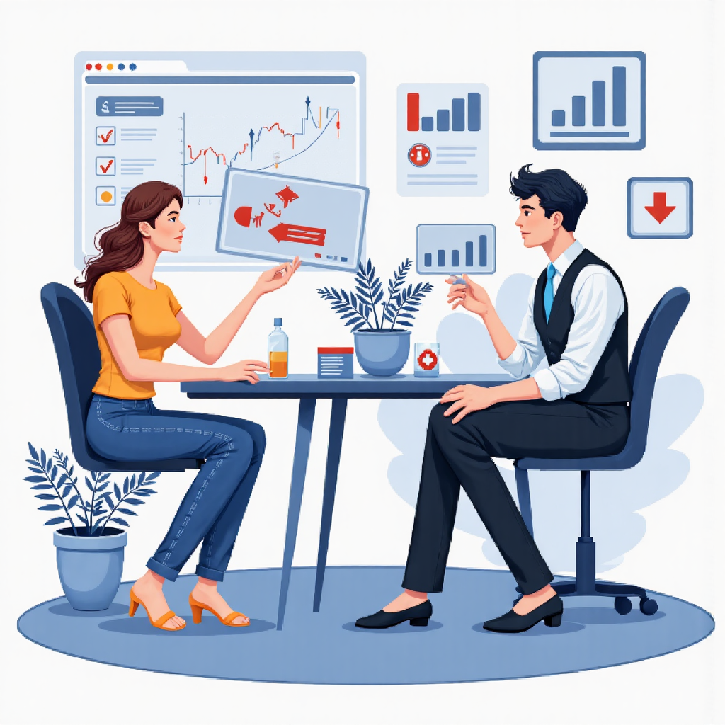 金融市場概念插圖,展示做空策略中買賣箭頭對立元素,背景為財務圖表與資料視覺化