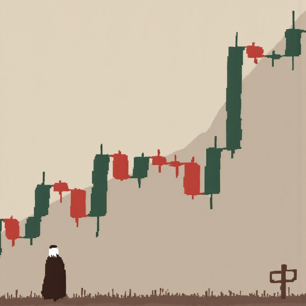 an illustration of a candlestick chart featuring a prominent gravestone doji pattern with a long upper shadow and a tiny body against a muted background the atmosphere is one of anticipation and caution and the color palette is dominated by earthy tones and subtle grays