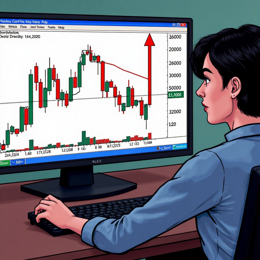 A close-up illustration of a trading chart zoomed in on a completed falling wedge pattern with a clear upward price breakout highlighted by a bold arrow and a trader character looking intently at the screen with a determined expression