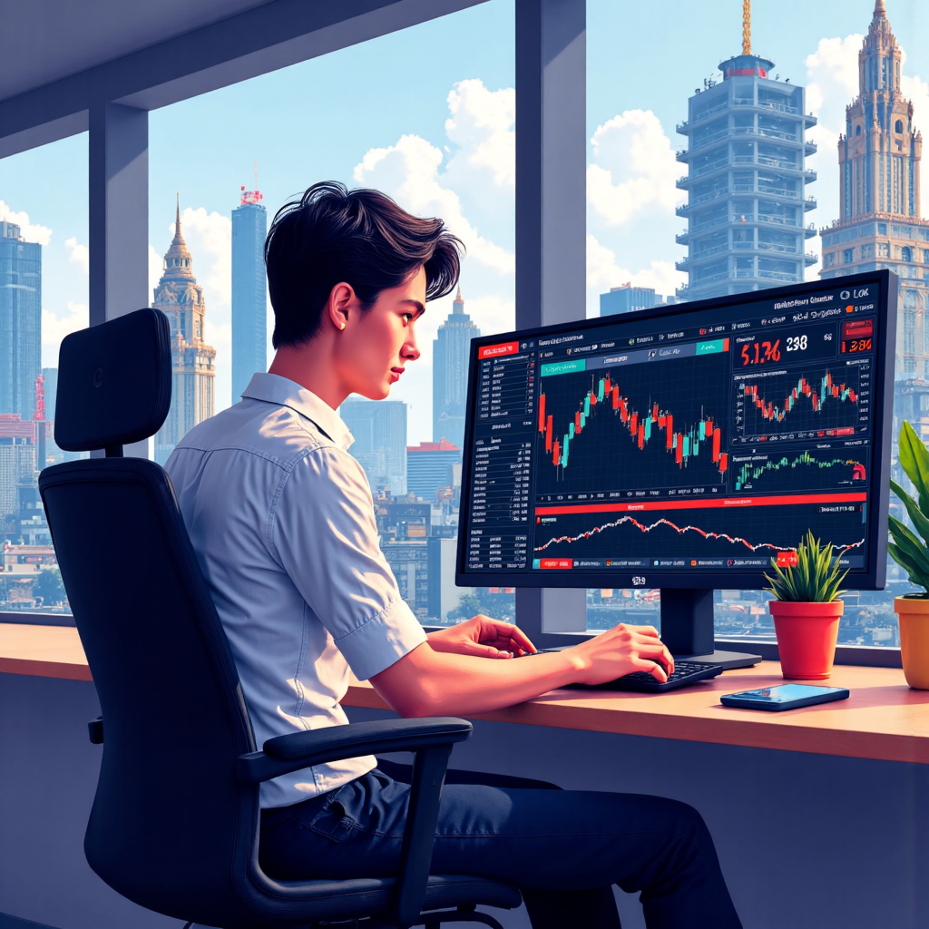 An illustrative scene where a Thai trader is confidently executing trades on a digital platform displaying the US30 index, surrounded by charts and analytical tools, with a background subtly hinting at both the bustling financial districts of New York and Bangkok, emphasizing the global reach of trading, in a modern vibrant illustration style