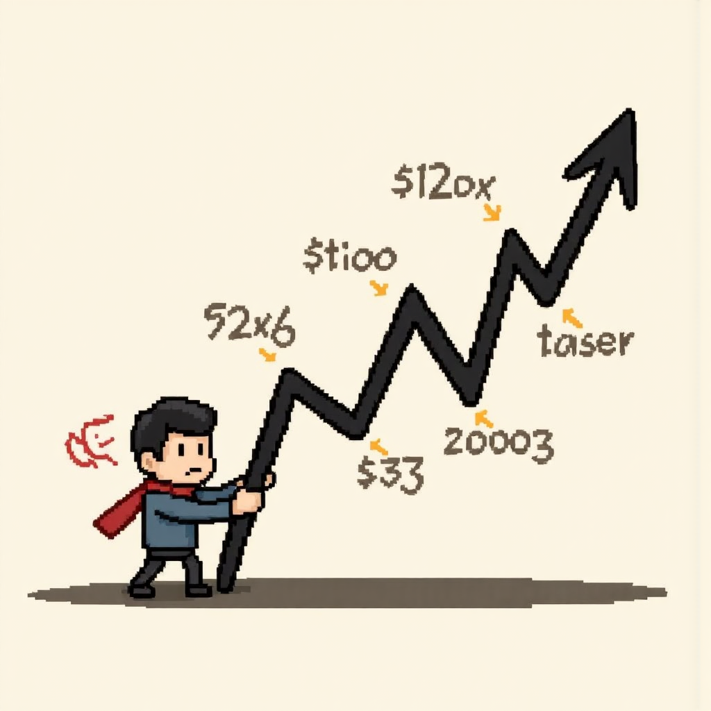 像素藝術風格圖像，描繪一位小交易者在快速變動的價格圖表上努力維持平衡，箭頭顯示不可預測的價格差異