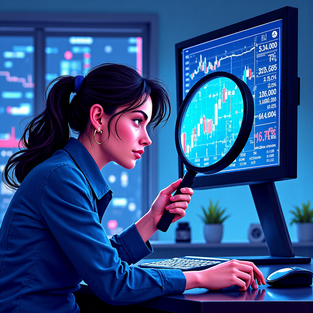 A dynamic illustration representing the concept of trading margin with a confident trader leveraging a magnifying glass over stock market charts and a glowing digital interface illustrating leverage and potential risks in a futuristic abstract style with cool blue and neon accents