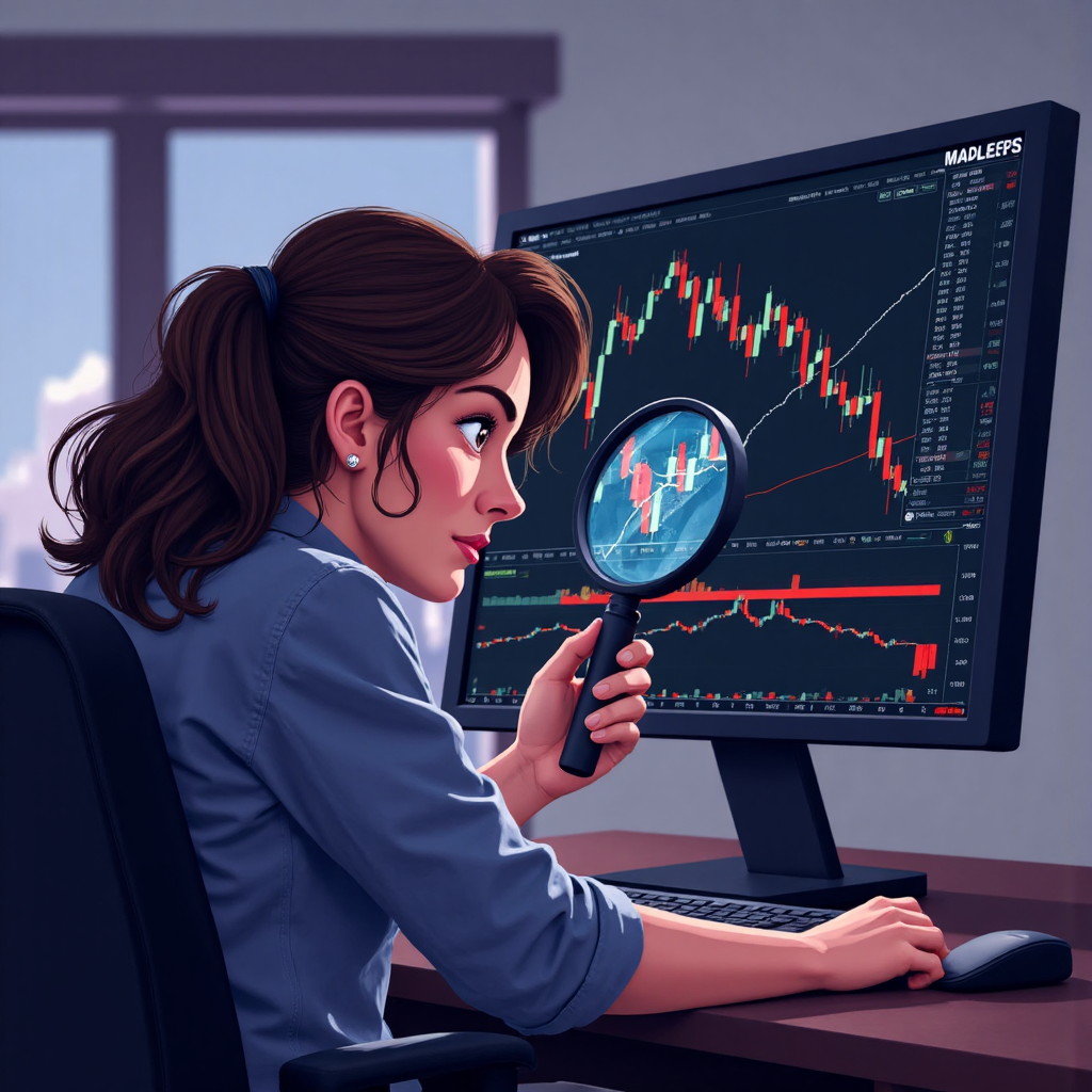 Artistic representation of a trader looking at a stock chart with a magnifying glass highlighting a bearish divergence pattern creating a sense of discovery and caution