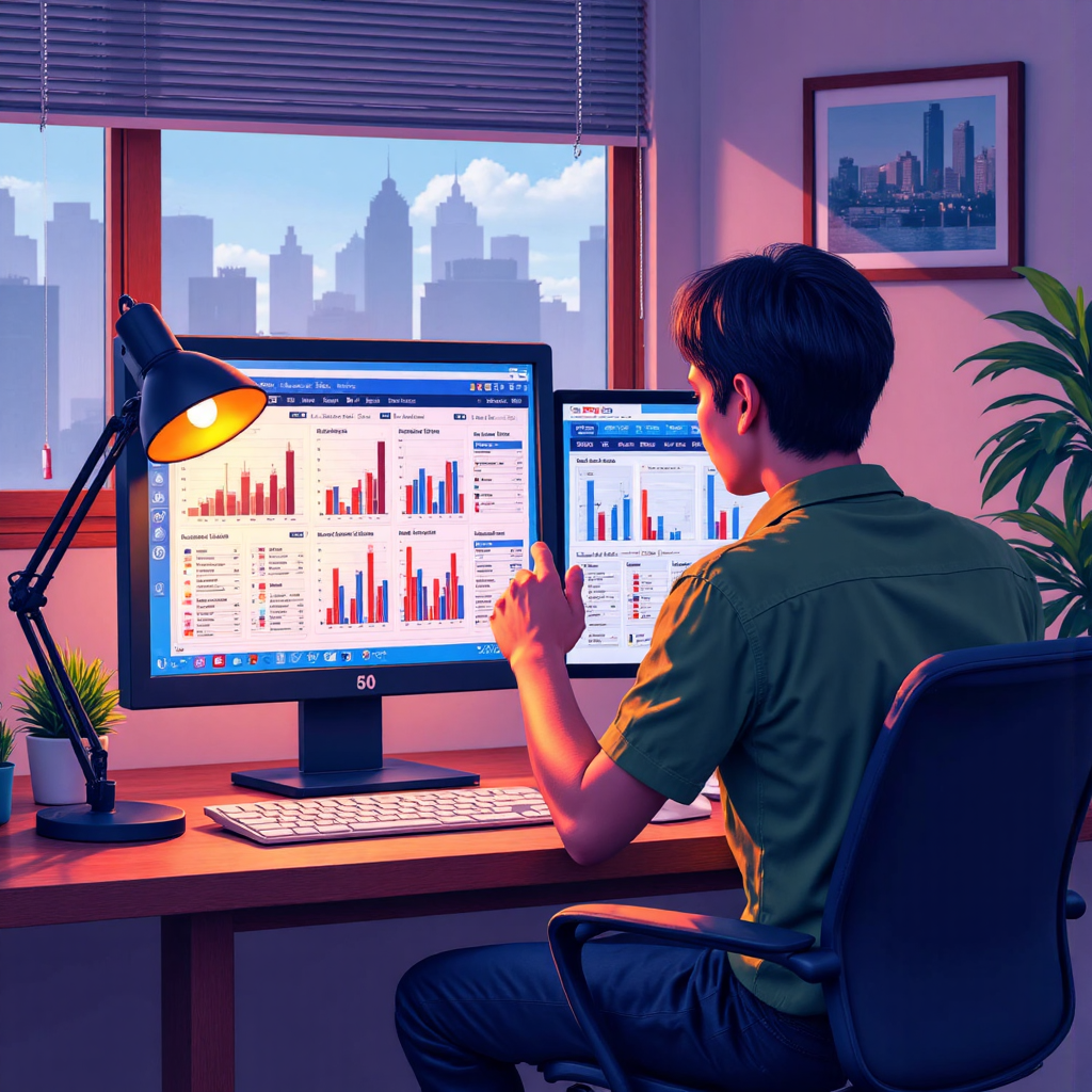 A vibrant illustration depicting a Thai investor thoughtfully analyzing financial charts and company reports under soft desk lighting, representing in-depth analysis of dividend stocks