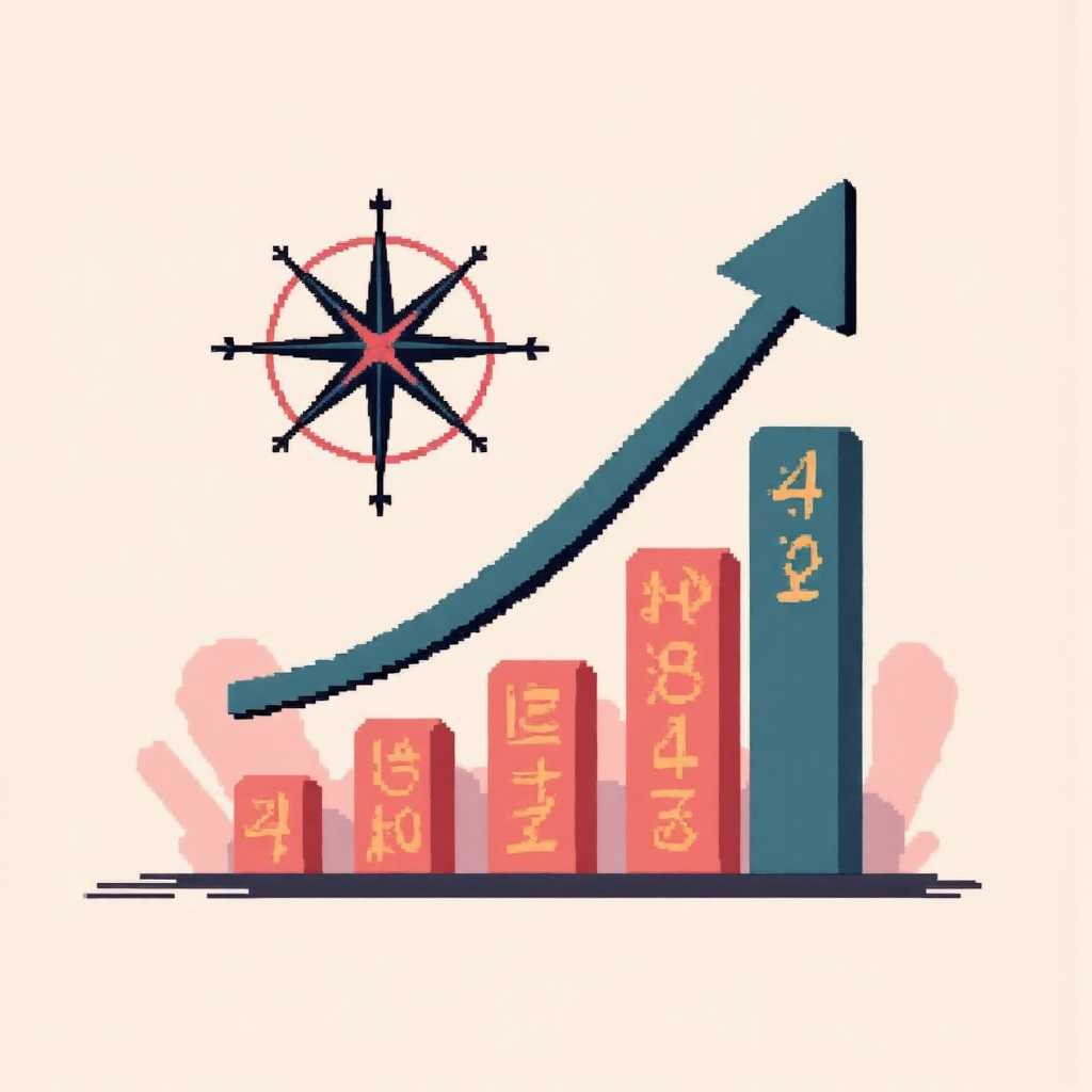 指南針指向上升股價圖的像素藝術插圖,象徵 MA20 作為趨勢指南