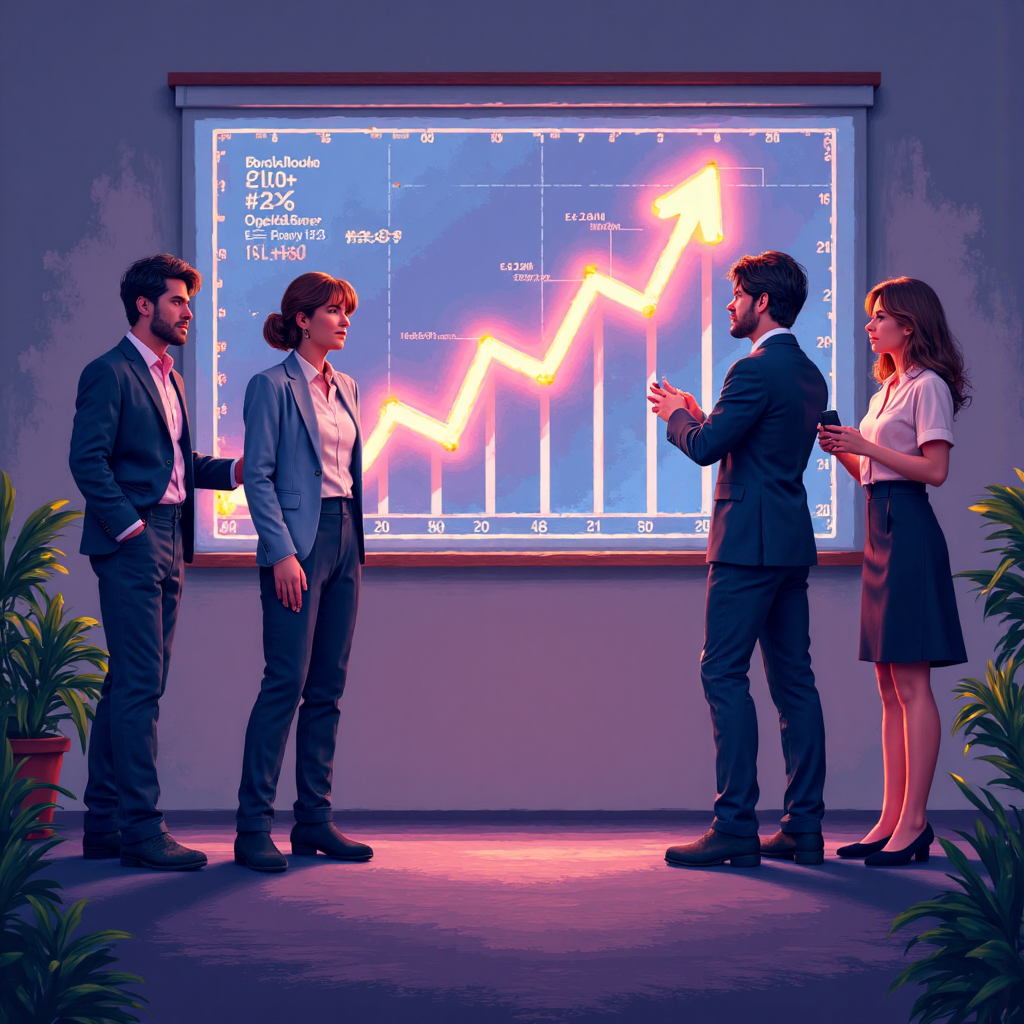 專業人士合作圍繞上升業務圖表的像素藝術圖像,展示團隊協作與成長趨勢