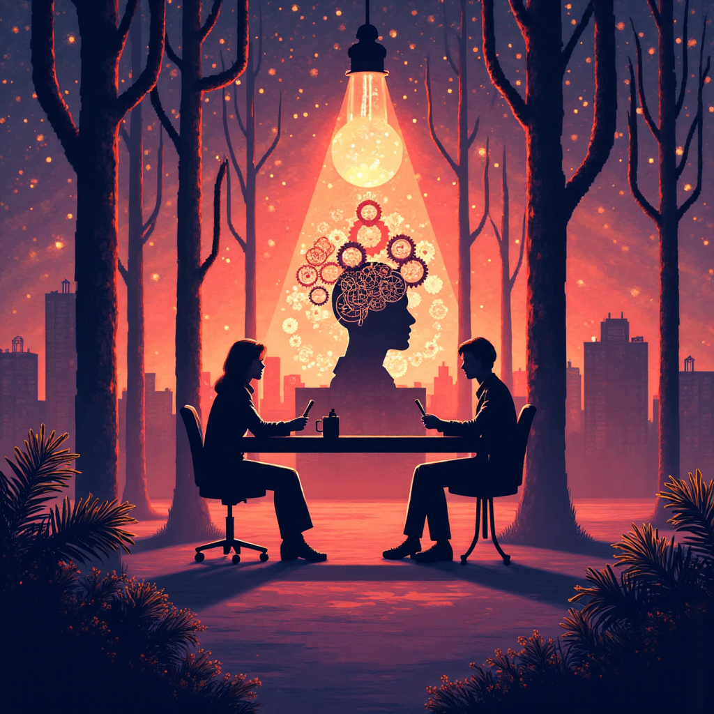 像素藝術風格,腦部與齒輪及燈泡連接目標受眾輪廓和商業目標,在溫暖色調的數位環境中和諧呈現