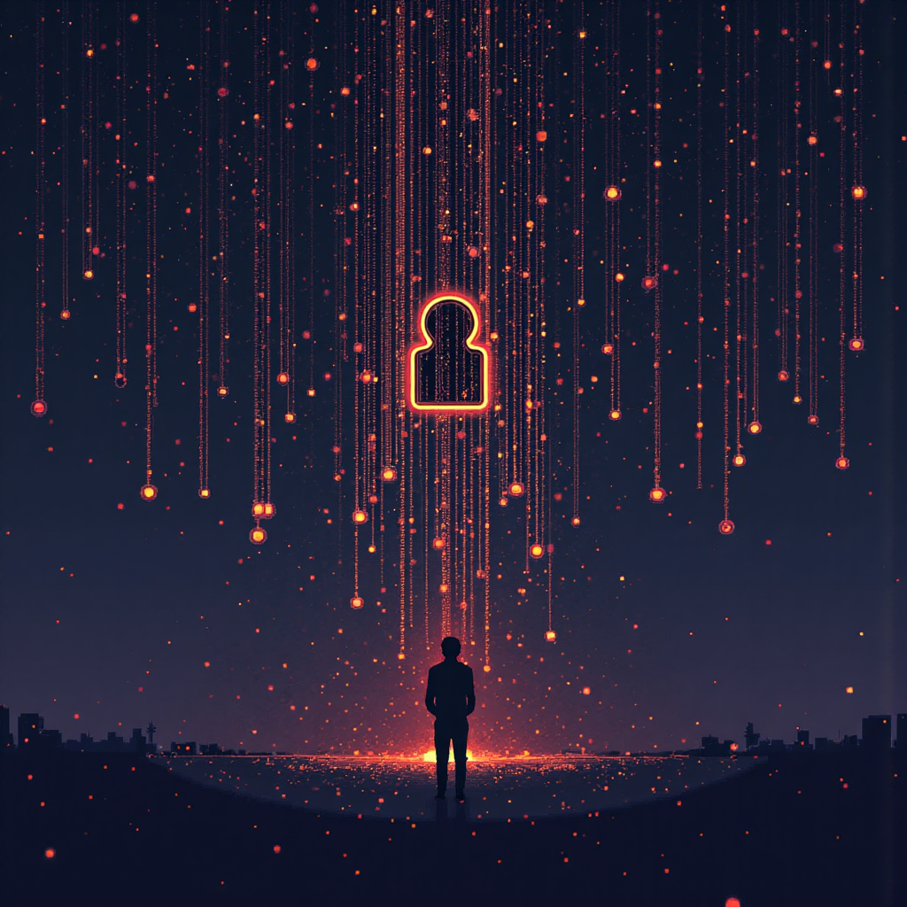 像素藝術抽象插圖,人影伸手觸及數位鑰匙,周圍環繞發光資料點與互聯節點,微分割路徑向外延伸