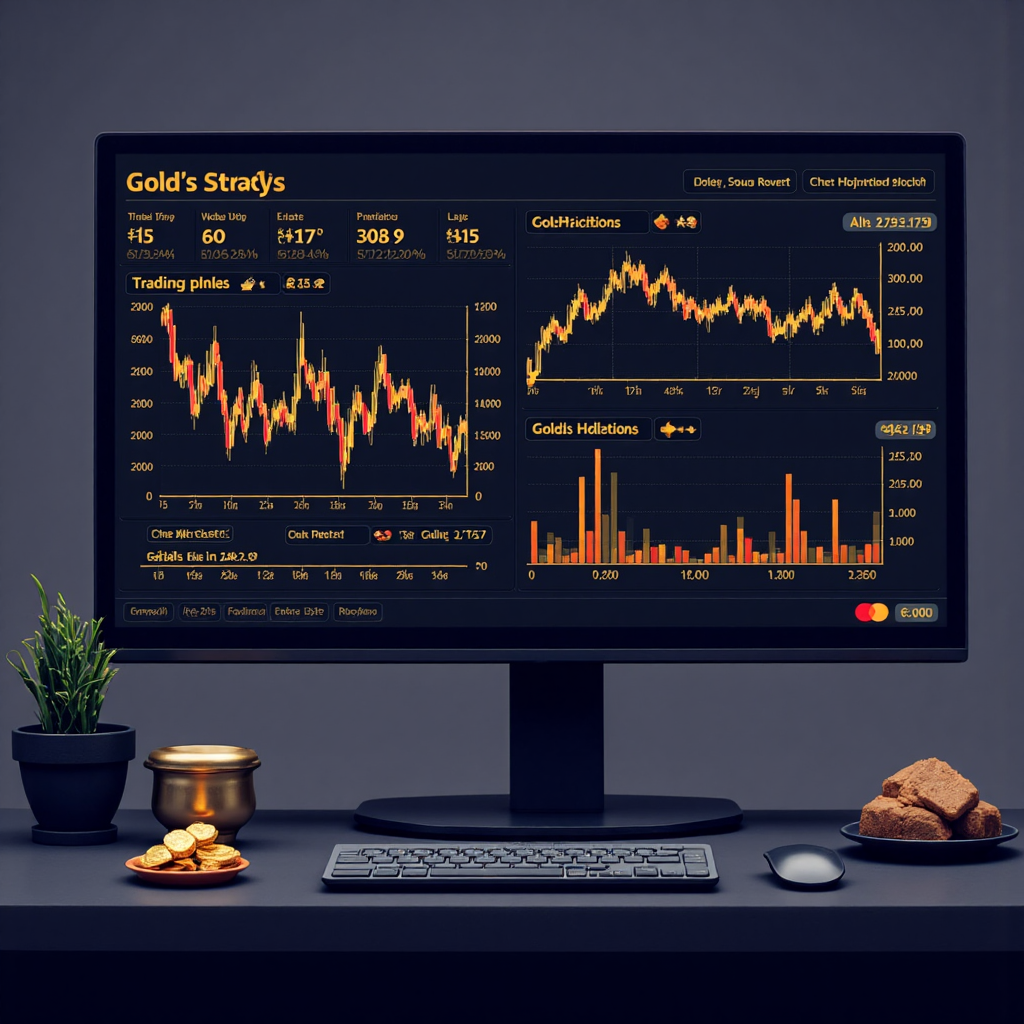 illustration of a digital interface showing gold trading graphs with tax icons subtly integrated symbolizing financial analysis and investment guidance