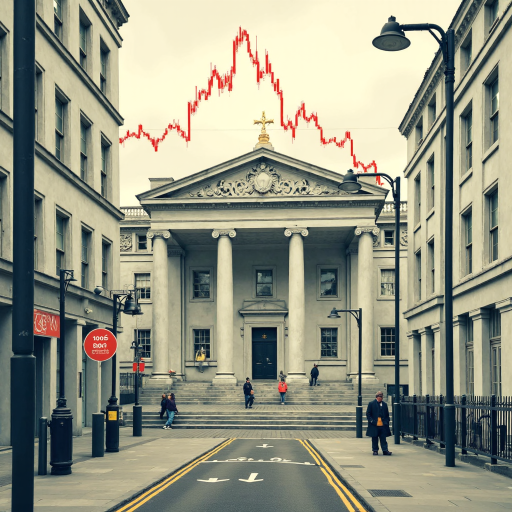 ภาพประกอบสไตล์พิกเซลอาร์ตของอาคารธนาคารแห่งอังกฤษในลอนดอน พร้อมองค์ประกอบแสดงการขึ้นอัตราดอกเบี้ยและกราฟเงินเฟ้อที่ลอยรอบๆ สื่อถึงความไม่แน่นอนทางเศรษฐกิจในโทนสีอ่อนนุ่ม