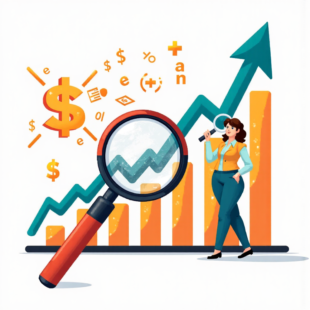 放大鏡檢視數學指數轉變為股票市場趨勢圖表