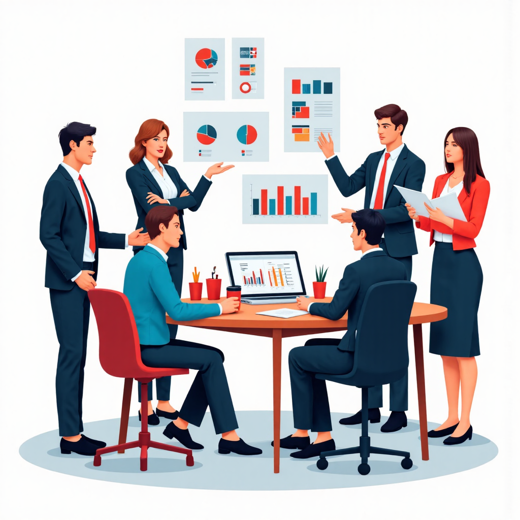 An artistic illustration showcasing diverse business professionals from Thailand collaborating around a table analyzing financial statements and pie charts focusing on different types of profit margins presented in a clean modern flat design with subtle gradients and a bright outlook