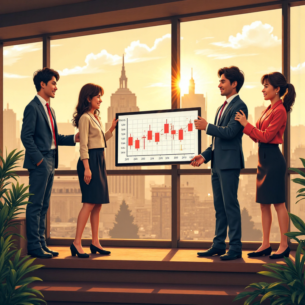 illustrative artwork featuring a diverse group of Thai investors happily reviewing financial charts depicting the S&P 500 index growth with a bright optimistic outlook and subtle elements of US landmarks in the background bathed in warm golden light