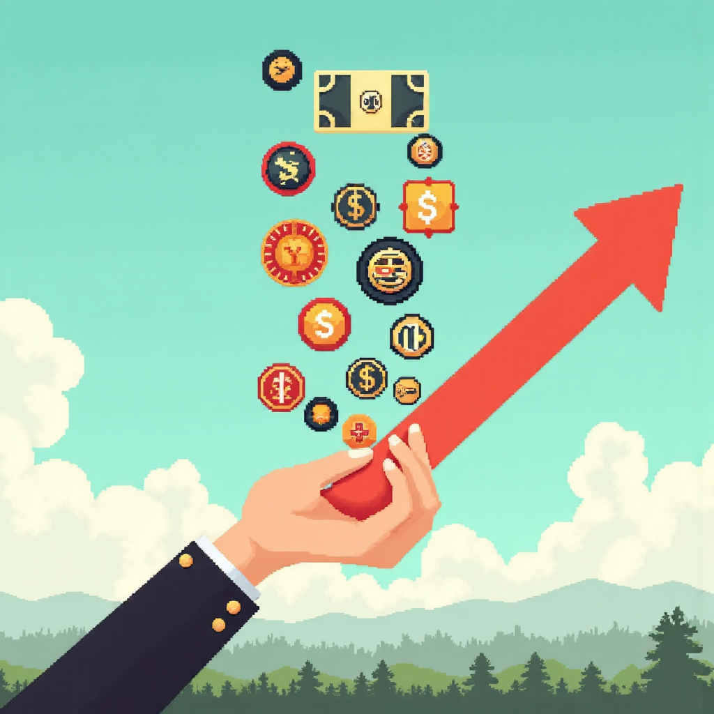 像素藝術風格的金融工具如股票債券被自信手掌拋接的樂觀插圖