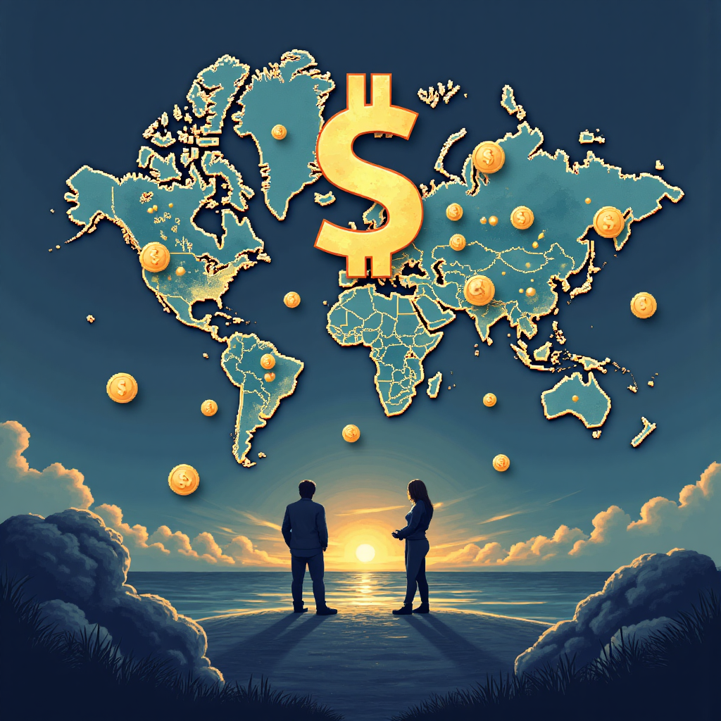 全球貨幣符號在世界地圖背景中流動的像素藝術插圖，象徵數字金融的國際交易