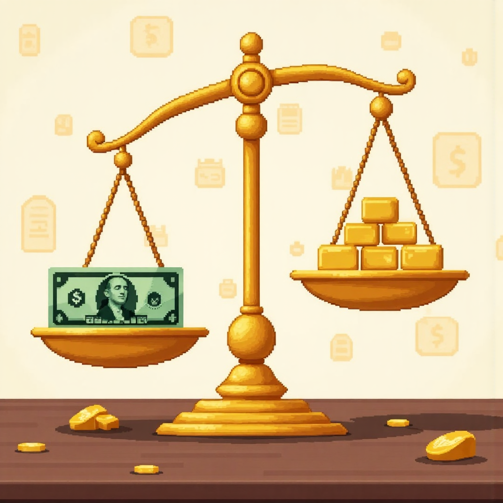 黃金秤平衡美元鈔票與金條,背景融入經濟圖表,象徵金融市場的權衡