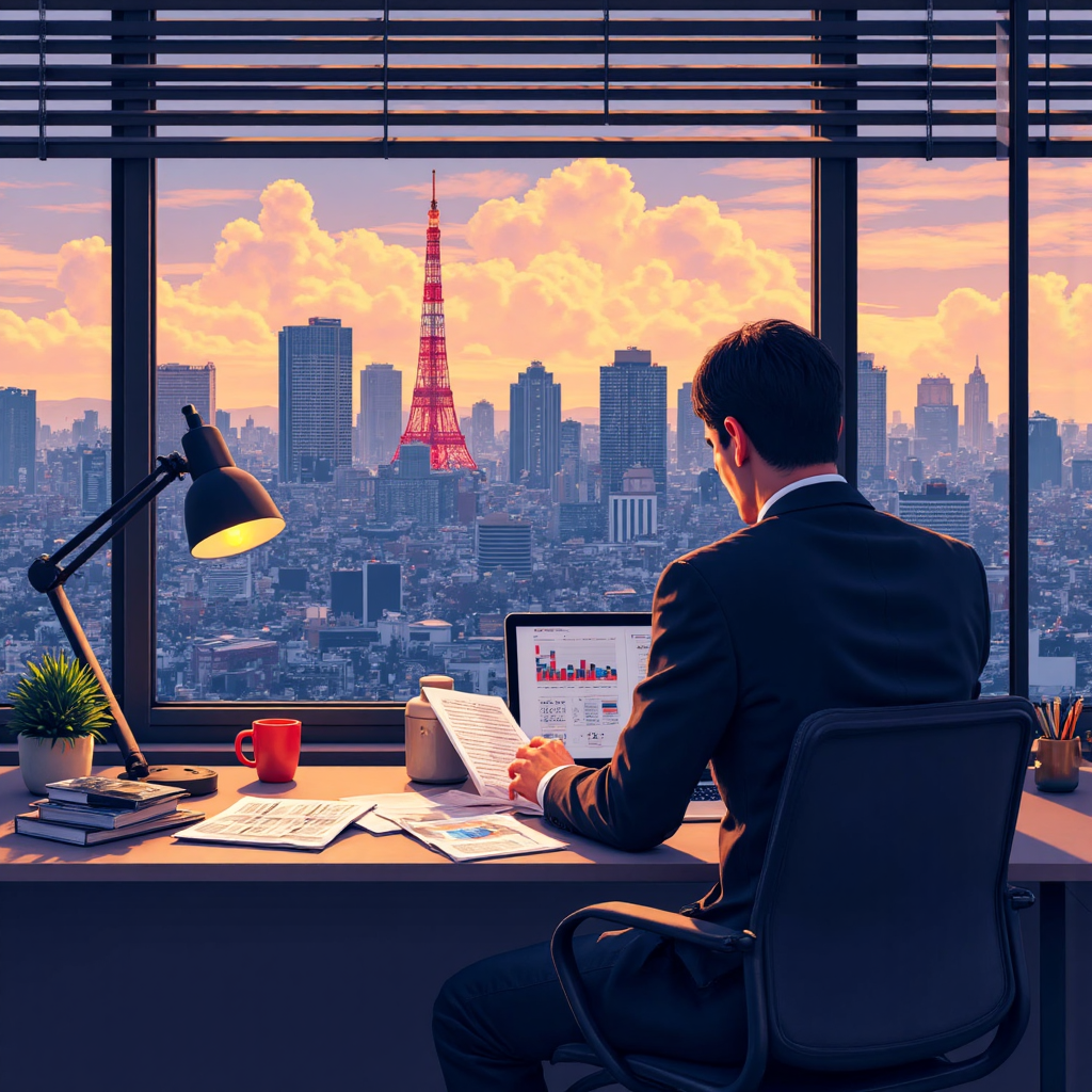 投資者分析日經225期貨技術圖表的現代插圖