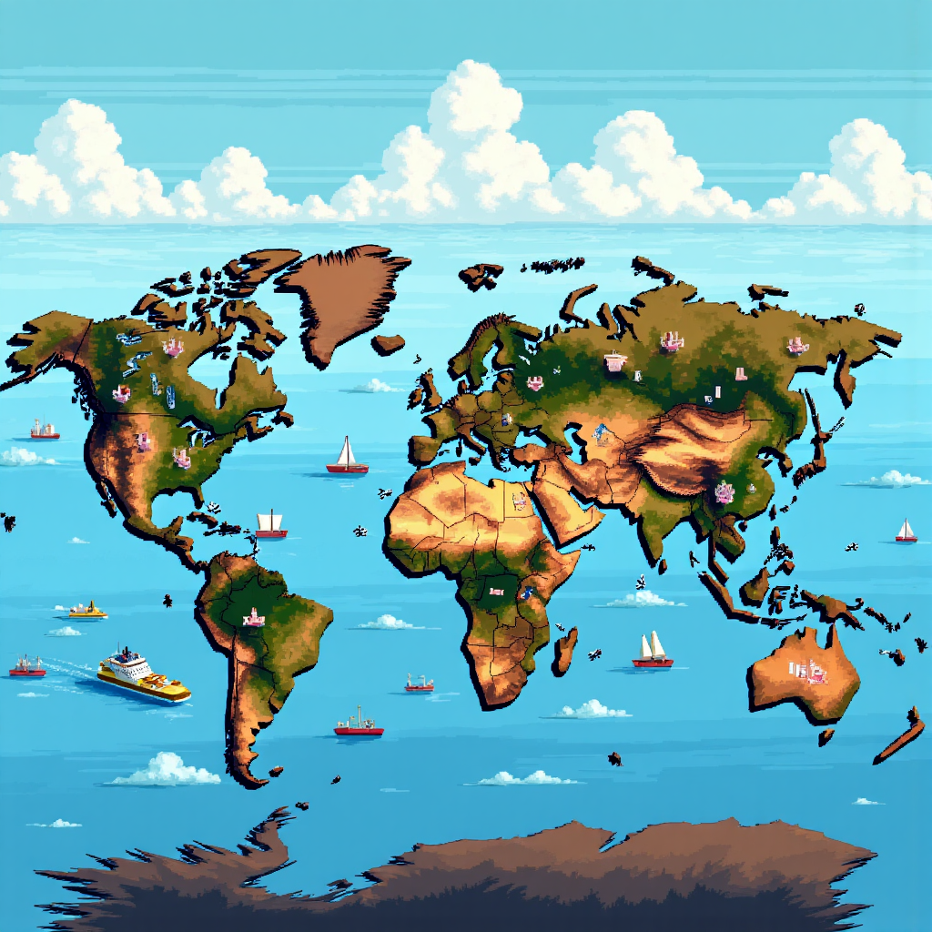 船隻、飛機與貨櫃穿越風格化世界地圖的詳細像素藝術插圖,象徵全球貿易路線,藍天背景