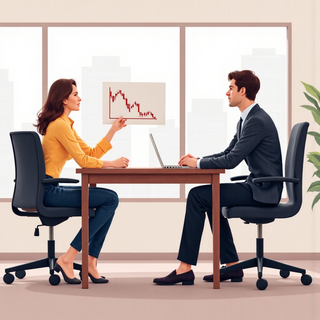 An illustration of a financial advisor explaining a chart with rising and falling lines to a client in a modern office setting with soft natural light