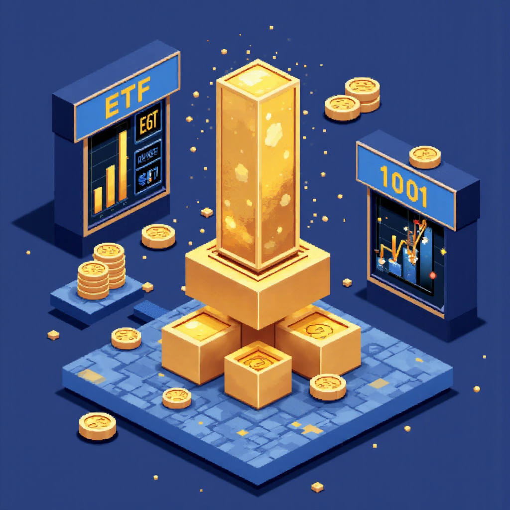 黃金條塊轉化為流線型 ETF 股票代碼,周圍環繞財務圖表與安全金庫元素