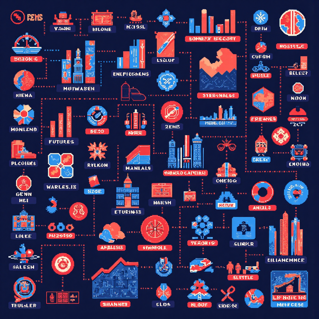 像素藝術風格插圖,描繪股票、期貨與貨幣對等金融市場符號,連接著價差的視覺元素