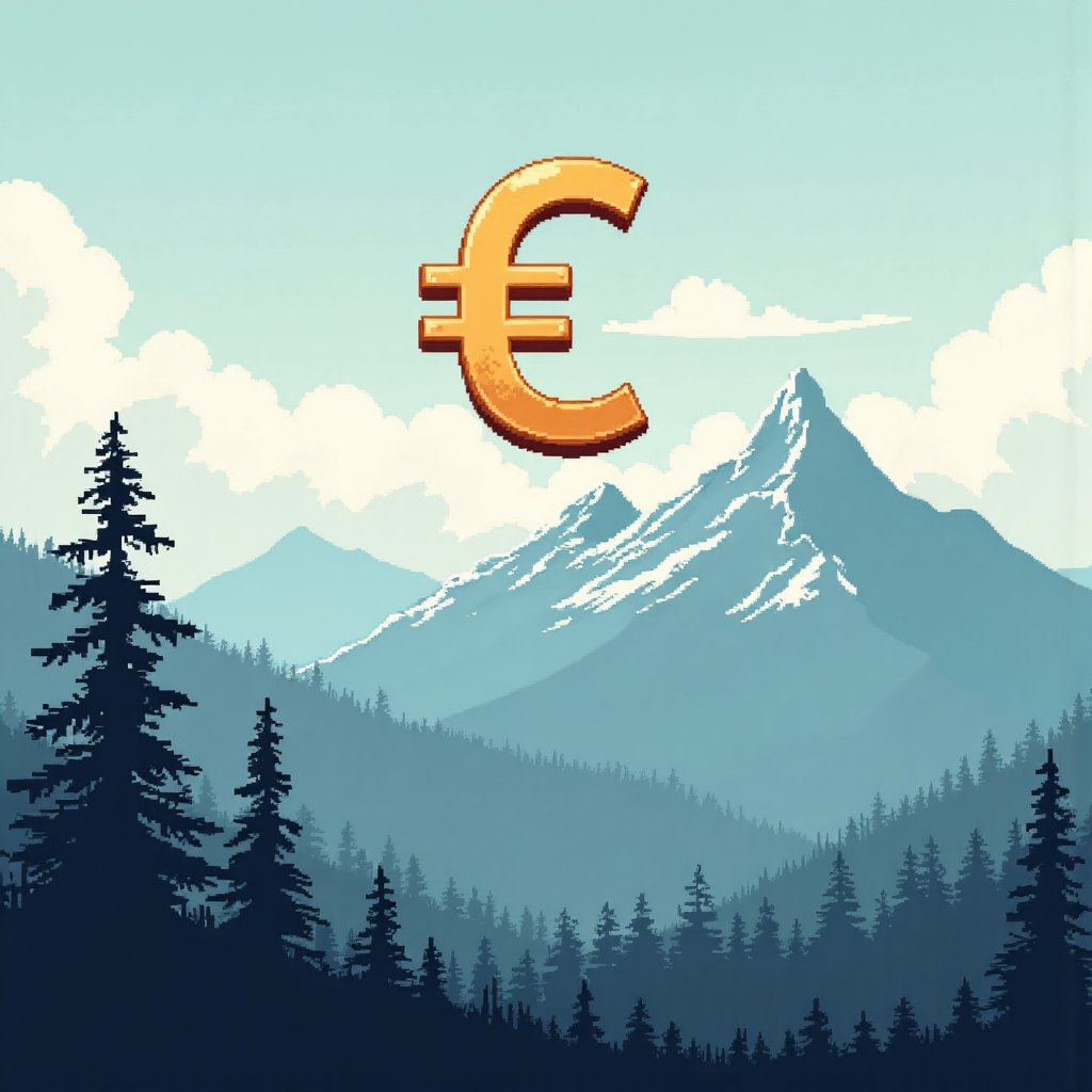 瑞士法郎貨幣符號在瑞士阿爾卑斯山景觀上的像素藝術插圖，象徵穩定與信任