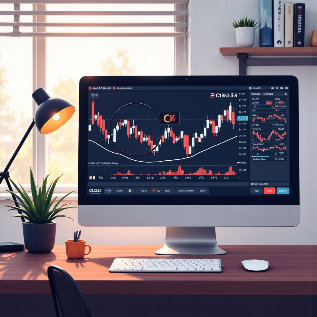 Stylized illustration of a trading desk with a computer monitor displaying a technical analysis chart featuring the CCI indicator a magnifying glass hovering over a specific data point and abstract financial symbols in the background with a soft morning light