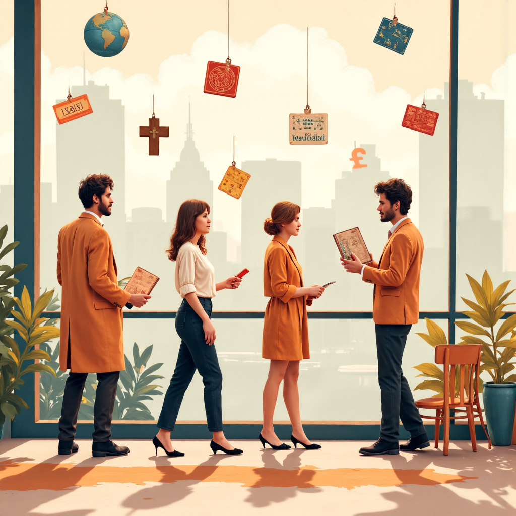 不同情境下的人群注視浮動匯率，一人規劃旅行伴隨旅行圖標，一人閱讀書籍求學，另一人檢視全球投資圖表，背景融合城市與自然景觀