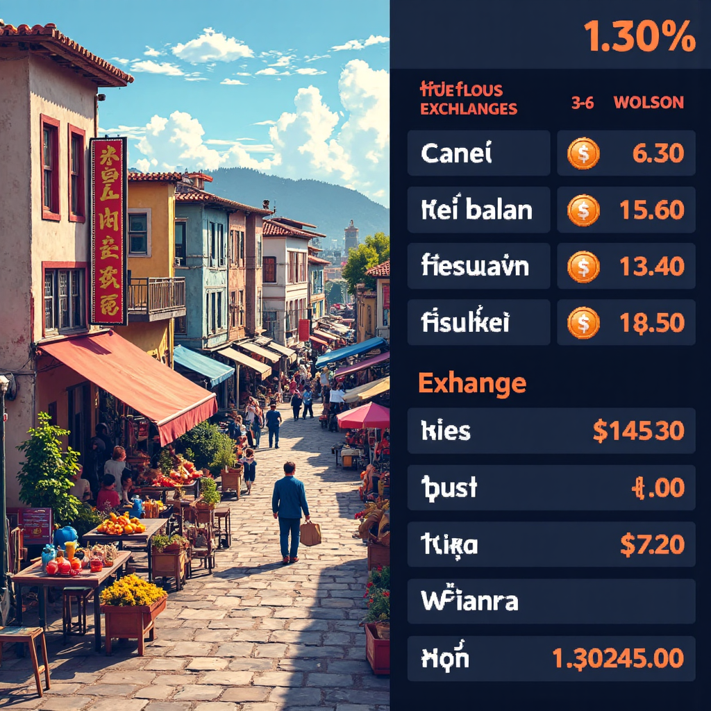 A split image illustration showing a vibrant Greek marketplace on one side and a digital currency exchange interface with Thai Baht symbols on the other