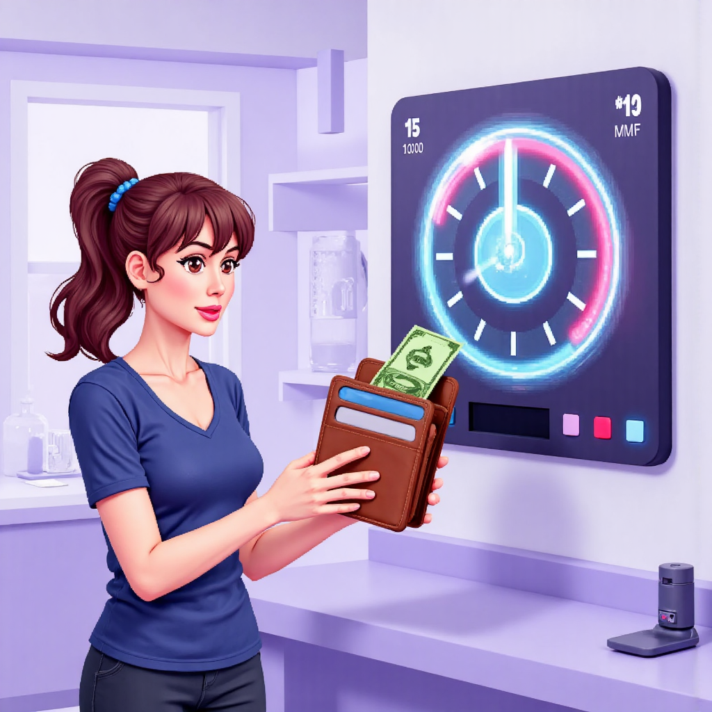 像素藝術插圖,描繪一人從數位錢包輕鬆取出資金,背景計時器快速轉動,象徵貨幣市場基金的高流動性,使用明亮現代圖形