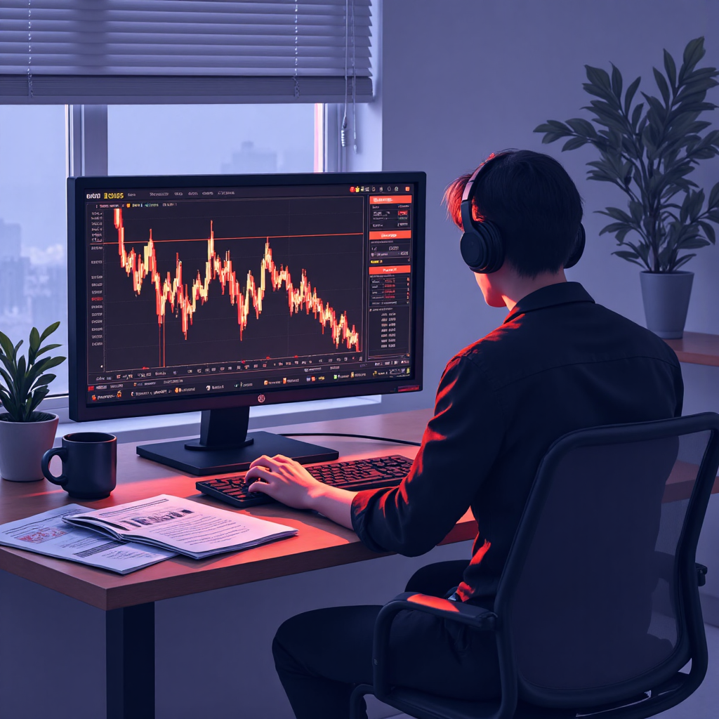 A stylized illustration of a trader's desk with a glowing XAUUSD chart displayed prominently on a monitor, surrounded by scattered financial reports, coffee mug, and a small potted plant, conveying focus and determination in a minimalist graphic style